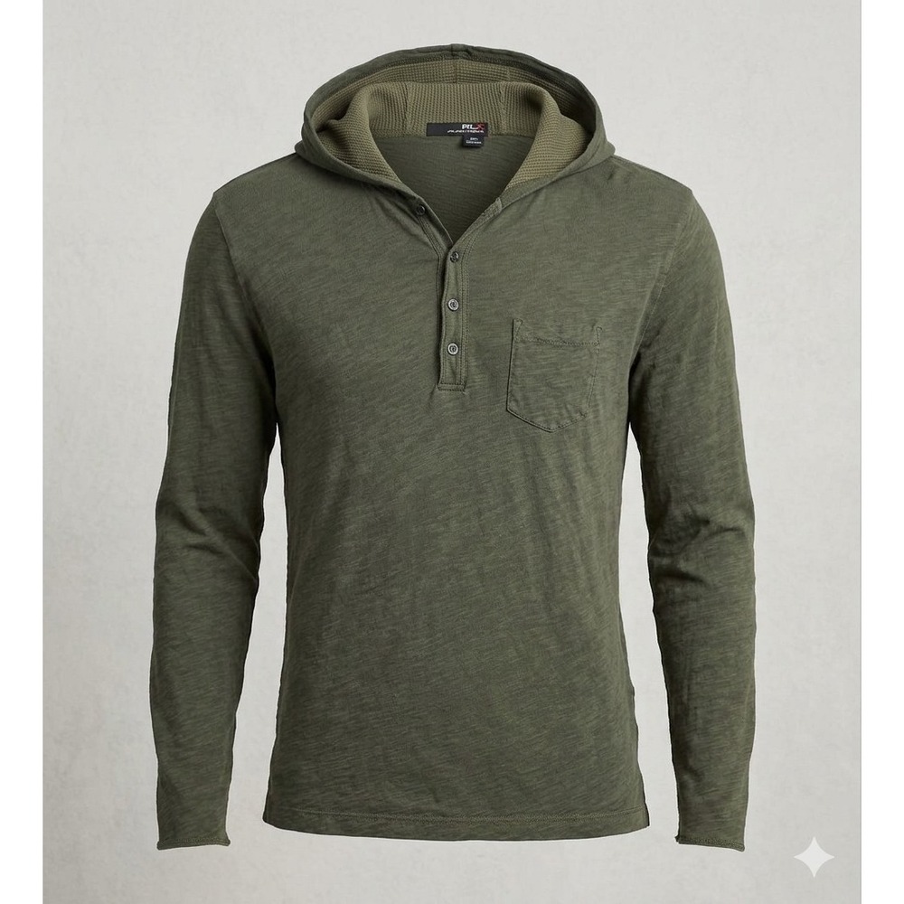 Ralph Lauren RLX Men's Olive Green 2 Layer Pullover Henley Hoodie. Size L